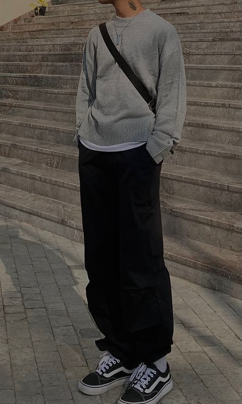 random fit i put together grey knit pullover black prachute pants vans old skool #fyp #ootd #aesthetic #fashion Vans Outfit Men Winter, Old Skool Vans Outfit Aesthetic, Vans Old Skool Aesthetic, Grey Streetwear Outfit, Vans Outfits Men, Grey Sweater Outfit Mens, Vans Aesthetic Outfit, Grey Knit Sweater Outfit, Black Trousers Outfit Man