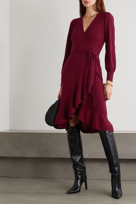 Burgundy Dress Outfit, Wrap Dress Diane Von Furstenberg, Wrap Dress Outfit, Diane Von Furstenberg Wrap Dress, Burgundy Outfit, Shimmery Dress, Ruffle Wrap Dress, Cashmere Dress, Daytime Dresses