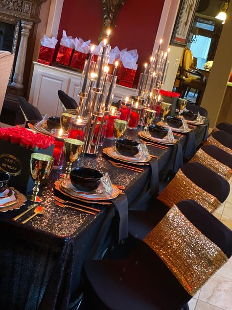 Black,gold and red dinner oartt table decor Red Black And White Dinner Decor, Black Gold Red Table Setting, Black And Red Dinner Table, Black Gold Dinner Table, Red Black Gold Table Settings, Black Red And Gold Table Decor, Red And Black Dinner Table Decor, Red Black And Gold Event Decor, Red Black And Gold 18th Birthday