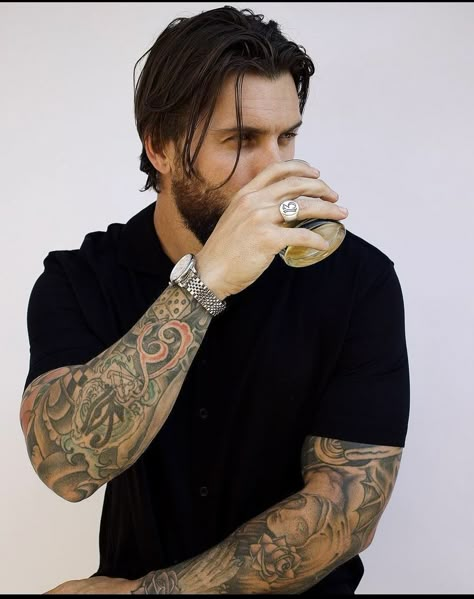 Levi Stocke, Tatted Guys, Older Mens Hairstyles, Guy Haircuts Long, Mens Hairstyles Thick Hair, Beard Tattoo, Men Haircut Styles, Long Beards, Hair Styles Men