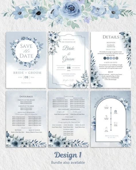 Tying the knot? 💍 Celebrate your love story with our dusty blue invitation. Purchase our Dusty Blue Wedding Invitation Template today and add more elegance to your special day! ✨ Pages Include: -Save the Date -Front (Invitation) -Entourage -Details -Wedding Timeline Bundle also available. Includes: -Invitation template (6 pages) -Proposal Card Template for Bridesmaid, Groomsmen, Principal Sponsors, maid of Honor, Best Man -Table Numbers -Money envelope (2 designs) -Thank you tags (3designs... 3 Page Wedding Invitation, Sample Of Wedding Invitation Cards, Sample Invitation Wedding, Dusty Blue Wedding Invitations Template, Wedding Invitation Entourage, Dusty Blue Invitations Wedding, Wedding Invitation Cards Ideas, Wedding Invitations Details, Canva Wedding Invitations