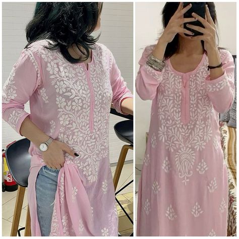 Fabric details:
-Kurta – Supreme Quality Modal With Heavy Chikan Embroidery (Stitched)
-Denim Pants  – Denims (Stitched – Free Size) Pink Chikankari Kurta With Jeans, Ceremonial Pink Kurta With Chikankari Embroidery, Bohemian Pink Sets With Chikankari Embroidery, Transitional Pink Kurta With Chikankari Embroidery, Pink Chikankari Kurta, Chikan Embroidery, Chikankari Kurta, Cool Baby, Festive Wear