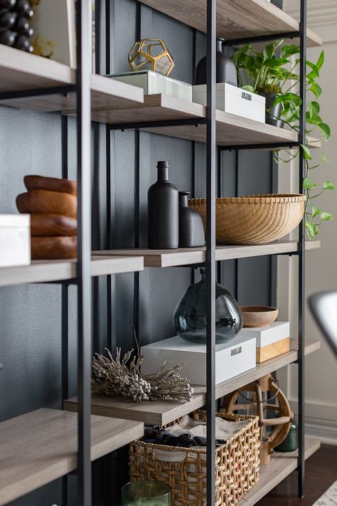 Large Open Shelving Living Room, Open Shelves Bookcase, Decorating Industrial Shelves, Modern Industrial Shelves, Modern Industrial Furniture Living Room, Soft Industrial Interior, Iron Book Shelf Ideas, Industrial Shelf Styling, Shelving Units Office