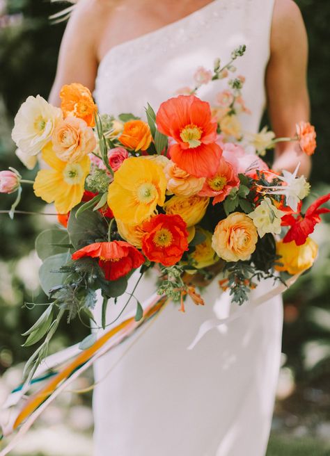 Our Favorite Bouquets from 2017 - poppy yellow and orange #bouquet #weddingbouquet #bouquetinspiration #weddingshoes Yellow Bridal Bouquets, Poppy Bouquet, Chic Vintage Brides, Summer Wedding Bouquets, Wedding Flowers Summer, Have Inspiration, Orange Wedding, Colorful Wedding, Yellow Wedding