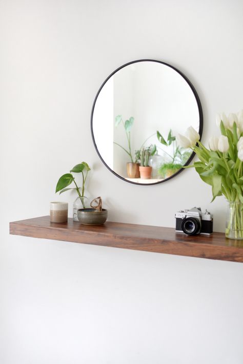 Popular IKEA Shelf Was Easily Hacked Using This Super Genius Material Floating Shelf For Entryway, Floating Shelf Under Mirror, Floating Entryway Shelf, Mirror And Shelves On Wall, Floating Shelves With Mirror, Floating Shelves Entryway, Entryway Floating Shelves, Ikea Room Divider, Lack Shelf