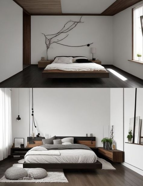 Japandi Dark Wood Bedroom, Minimalist Bedroom Dark Furniture, Dark Wood And White Bedroom, Room With White Curtains, Dark Brown Floor Bedroom, Dark Wooden Bedroom Ideas, Dark Wooden Floor Bedroom, Dark Wood Floor Bedroom Ideas, Condo Aesthetic