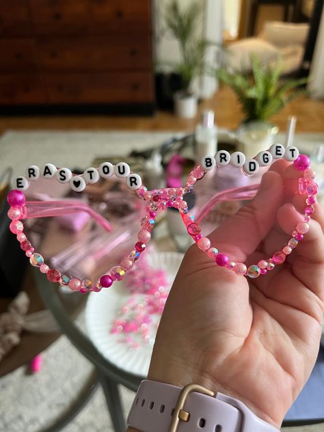 Beaded Heart Sunglasses Diy, Eras Tour Shoes Ideas, Taylor Swift Diy Sunglasses, Eras Tour Glasses Diy, Eras Tour Heart Glasses, Lover Era Birthday Party, Diy Sunglasses With Beads, Eras Tour Glasses, Eras Tour Sunglasses