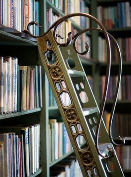 Library Sliding Ladder, Curved Bookshelf, Book Ladder, Elegant Library, Library Green, Library Steps, Library Ladders, Sliding Ladder, Green Library