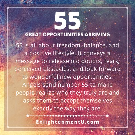 Meaning of Seeing 55 Angel Number - 55 Angel Number is all about freedom, balance, and a positive lifestyle. It conveys a message to release old doubts, fears, perceived obstacles, and look forward to wonderful new opportunities. Angels send number 55 to make people realize who they truly are and asks them to accept themselves exactly the way they are.

Angel Number 55 Meaning, 55 Spiritual Meaning, 55 Numerology, 55 Angel Number Love, Angel Number 55 Doreen Virtue, 55 Twin Flame 55 55 Angel Number, 55 Meaning Spiritual, 15:55 Angel Number Meaning, 11:55 Angel Number Meaning, 55 Angel Numbers, 55 Angel Number Meaning, 1155 Angel Number Meaning, Encoded Frequency, 55 Angel Number