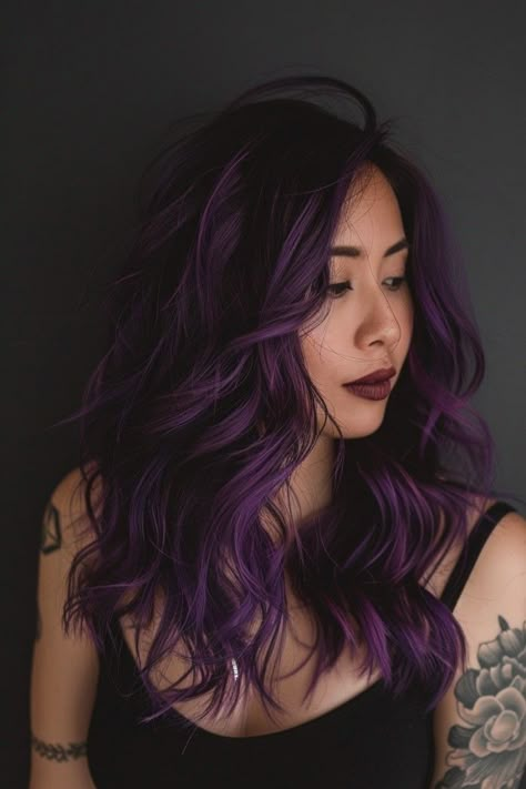 Purple Reverse Ombre Hair, Black And Purple Hair Color Ideas, Violet Brown Hair Color, Violet Ombre Hair, Blurple Hair, Violet Black Hair, Violet Brown Hair, Reverse Ombre Hair, Dark Hair Dye