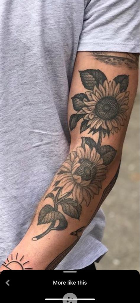 Floral Tattoo Design Men Arm, Sunflower Tattoo Men Forearm, Sunflower Tattoo Men Arm, Man Sunflower Tattoo, Small To Medium Tattoos Men, Men’s Medium Tattoos, Bohemian Tattoo Men, Men’s Sunflower Tattoo Ideas, Men’s Sunflower Tattoo