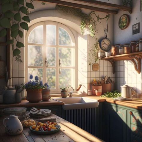 Snow White Kitchen Snow White Cottage Aesthetic, Ghibli Kitchen Aesthetic, Green Wood Kitchen, Cozy Kitchen Cottage, Anime Kitchen, Disney Decor Bedroom, Fairy Kitchen, Kitchen Style Ideas, Kitchen Decorating Themes