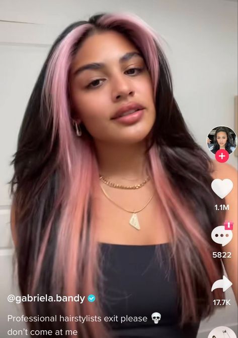 Pink Money Piece And Underneath Hair, Brunette Hair With Blonde Underneath And Money Piece, Balayage, Brown Hair With Lavender Money Piece, Peekaboo Hair Dark Skin, Brown Hair Colored Money Piece, Color Frame Hair, Money Piece Hair And Peek A Boo, Black Hair With Rose Gold Money Piece