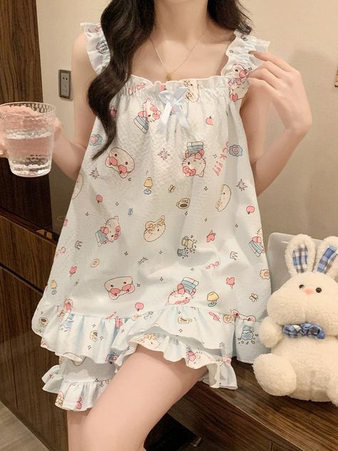 ♡ Material: Polyester♡ Machine Wash Light with Cold Water; Machine Dry♡ Order Processing Time: 5 business days Cute Pjs Korean, 50s Pajamas Vintage, Pajamas Girl, Cute House Clothes, Cute Outfits Aesthetic Soft, Kawaii Lounge Wear, Bedtime Clothes, Night Clothes, Girly Morning Routine