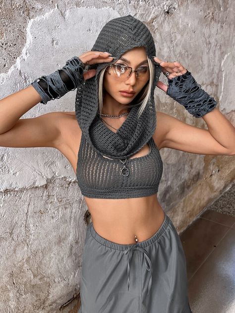 Crochet Rave Outfit, Grey Crochet Top, Crochet Rave, Moda Coachella, Fashion Process, Bookmark Crochet, Crochet Hood, Crochet Tank Tops, Rave Fits