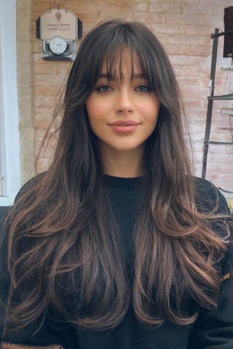 30 Jaw-Dropping Long Layered Hair with Bangs Ideas for Your Next Transformation Long Curtain Fringe Bangs Straight Hair, Long Haircut With Face Framing Bangs, Womens Long Bangs Haircut, Bangs With Brunette Hair, Layer Haircut For Medium Hair With Bangs, Haïr Cut For Round Face Long Hair, Long Layers And Face Framing Bangs, Straight Bangs Layered Hair, Cute Long Hair With Bangs