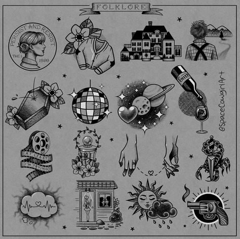 Every Folklore song as a tattoo flash design/sticker! Evermore Tattoo, Taylor Swift Drawing, Taylor Swift Tattoo, Taylor Swift Folklore, Tattoos For Lovers, Flash Design, Tatuaje A Color, Tattoo Flash Art, School Tattoo