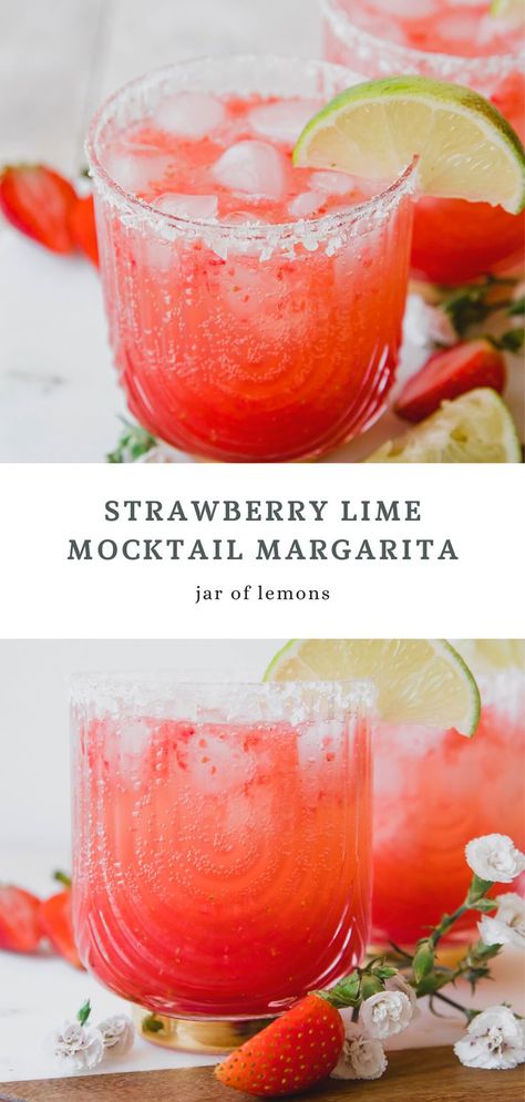 Two images of strawberry lime mocktail margarita in a glass. Margaritas, Mocktail Margarita, Strawberry Mojito Mocktail, Margarita Mocktail Recipe, Summer Mocktail, Mocktail Drinks, Mojito Mocktail, Strawberry Mojito, Strawberry Lime