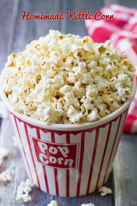 Kettle Corn Recipe on ASpicyPerspective.com #kettlecorn #popcorn Homemade Kettle Corn, Aesthetic Cinema, Kettle Corn Recipe, Popcorn Recipes Easy, Rainbow Popcorn, A Spicy Perspective, Corn Recipe, Kettle Corn, Popcorn Recipes