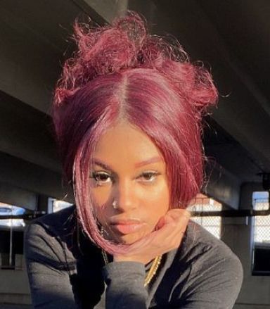 Dyed Pink Hair Black Women, Brown And Pink Hair Black Women, Pink 4c Hair, Pink Hair On Brown Skin, Pink Hair Brown Skin, Pink Hair Dark Skin, Cherry Pink Hair, Red Updo, Pink Hair Black Women