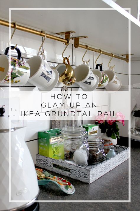 How to turn an Ikea Grundtal Rail into something glamorous Fintorp Ikea, Kitchen Glam, Kitchen Rails, Ikea Hack Kitchen, Ikea Kitchen Island, Kitchen Organization Diy, Diy Ikea Hacks, Ikea Kitchen, Ikea Diy