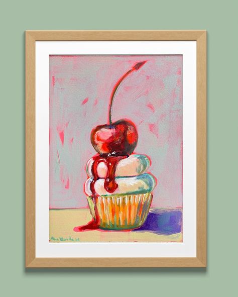 A tribute to Wayne Thiebaud, “Cherry cupcake” acrylic on paper painting. “Wayne Thiebaud was an American painter best known for his still lifes of edible treats and everyday objects in his singular illustrative style. His most popular subject matter includes colorful cakes, slices of pie, candy pieces, such as lollipops, and the winding streets of San Francisco. Similarly to Edward Hopper, Theibaud’s paintings capture a uniquely American sensibility, and critics have compared his penchant fo... Sweets Gcse Art, Sweet Treats Gcse Art, Wayne Thiebaud Donut Art Lesson, Painted Cupcakes Acrylic, Cakes Slices, Cupcake Oil Painting, Cherry Cupcakes, Wayne Thiebaud, Still Lifes