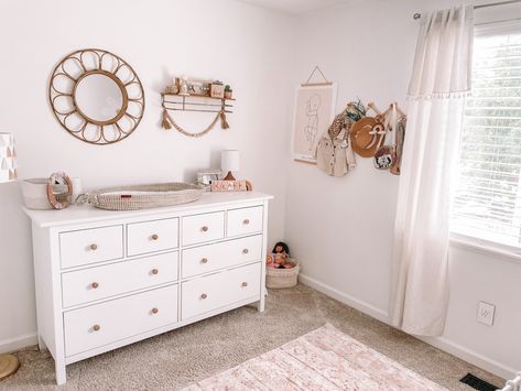 Nursery. Toddler girl. Room decor. Boho. Minimal. Bright. Ikea furniture. Baby girl Hemnes Dresser, Girls Furniture, Rose Got, Toddler Bedroom Girl, Toddler Girl Room, Rainbow Nursery, Little Miss, Changing Table, Girls Bedroom