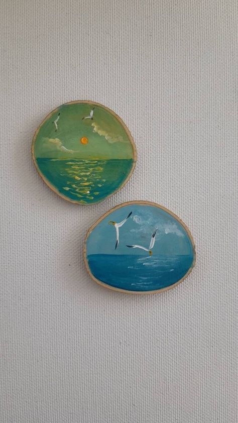 Hand-painted sea and seagull, Landscape magnet, Miniature painting, Wooden magnet, Home decor, Ocean, Fridge Magnet, Set of 2 Magnet Painting Ideas, Magnet Painting, Sunset Paintings, Hand Painted Tree, Hand Painted Wooden Box, Diy Magnets, Diy Jewelry Making Tutorials, Tree Slice, Painted Wooden Boxes