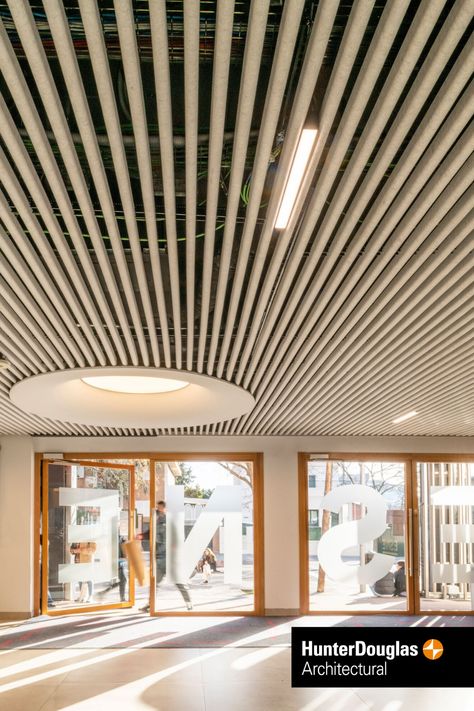 HeartFelt® Ceiling in Madrid, Spain Wood Ceiling Panels, Baffle Ceiling, Douglas Wood, Innovation And Technology, School Entrance, Open Ceiling, Ceiling System, Tile Panels, University School