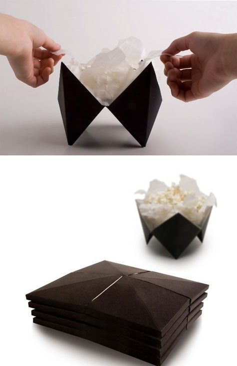 An origami microwave popcorn design that folds out into a bowl. | 31 Mind-Blowing Examples of Brilliant Packaging Design Functional Origami, Package Redesign, Origami Containers, Brilliant Packaging Design, Origami Packaging, Popcorn Container, Unique Packaging Design, Popcorn Packaging, Brilliant Packaging