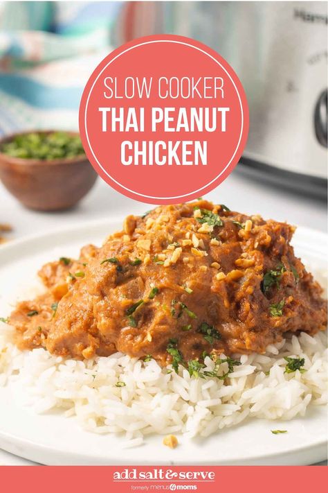 Slow Cooker Thai Peanut Chicken is tender and full of peanut-y goodness, and it's super easy with a five-ingredient sauce. Thai Peanut Chicken Crockpot, Crockpot Peanut Chicken, Thai Chicken Crockpot Recipes, Slow Cooker Peanut Butter Chicken, Slow Cooker Thai Peanut Chicken, Slow Cooker Peanut Chicken, Butter Chicken Slow Cooker, Chicken With Peanut Sauce, Slow Cooker Thai