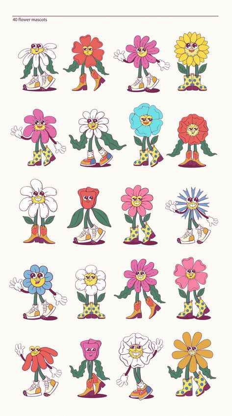 70s retro flower power mascot kit with clipart, logo, poster, wall art. Perfect for your 70s themed party or event. flowerpower 70s retro groovy . #Croquis #Nostalgia_70s #Flower_Power_Art #Art_Nostalgia Logo Poster, Illustration Blume, Cartoon Flowers, Retro Groovy, Flower Logo, Mascot Design, 70s Retro, Retro Flowers, Flower Illustration