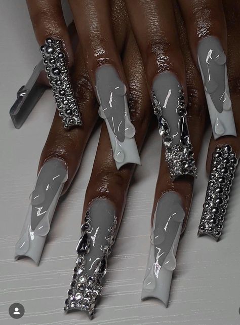 Long Nails Design 2024, Baddie Nails Long, Luxury Nail Designs, Nail Art Long Nails, Boujee Nails, Grey Nail Designs, Diy Acrylic Nails, Silver Nail, Drip Nails