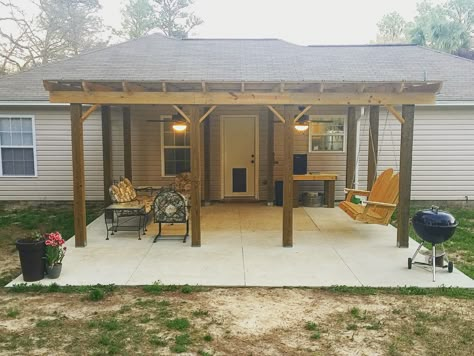 Back Porch Overhang, Adding Back Porch To House, Ranch Style Home Back Patio Ideas, Over Hang Porch Patio, Lean To Back Porch Patio, Trailer Back Porch Ideas, Covered Porch Attached To House, Back Porch Overhang Ideas, Back Porch Add On