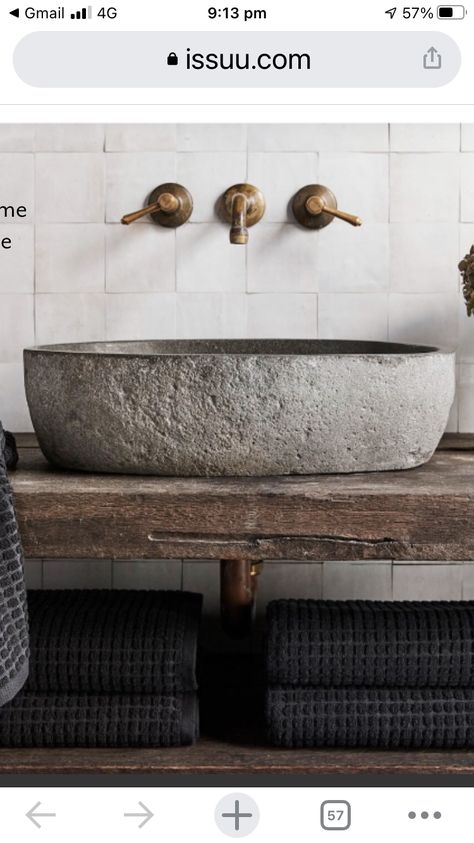 Stone Sink Powder Bath, Travertine Vessel Sink Bathroom, Stone Basin Sink, Stone Bathroom Sink Ideas, Natural Stone Sink Bathroom, Organic Style Bathroom, Modern Rustic Powder Room, Cement Bathrooms, Stone Basin Bathroom