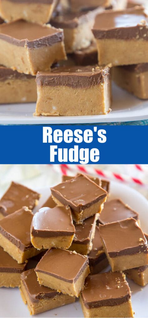 Reese's Fudge - a layer of creamy peanut butter fudge topped with melted chocolate and peanut butter.  And easy no bake recipe that is down right addicting! Reese Fudge, Reese's Desserts, Creamy Peanut Butter Fudge, Homemade Fudge Recipes, Peanut Butter Fudge Recipe, Peanut Butter Fudge Easy, Chocolate Peanut Butter Fudge, Desserts Keto, Fudge Recipes Easy