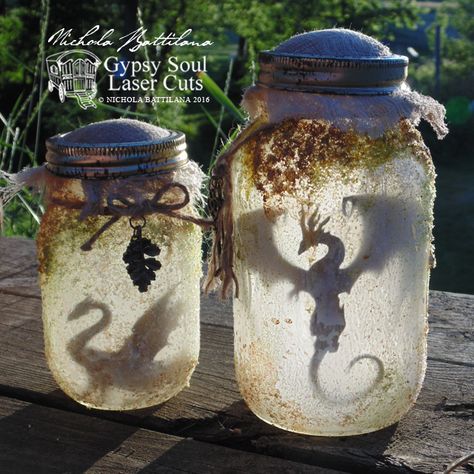 Rotten Smelly Dragon Jars with Tutorial - Nichola Battilana                                                                                                                                                                                 More Cheap Diy Halloween Decorations, Jars Diy, Mini Mundo, Dragon Silhouette, Fairy Lanterns, Fairy Jars, Dragon Crafts, Astuces Diy, Deco Originale