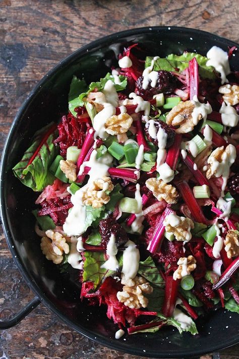 This beetroot salad uses the entire beetroot: root, stems and leaves. The earthy beetroot and sweet apple pairs beautifully with the creamy lemon and tahini dressing. Vegan and gluten free. Healthy Ramadan Recipes, Blackberry Salad, Veggie Desserts, Salad With Tahini Dressing, Tahini Dressing Recipe, Bunny Food, Beet Salad Recipes, Raw Beets, Lemon Tahini Dressing