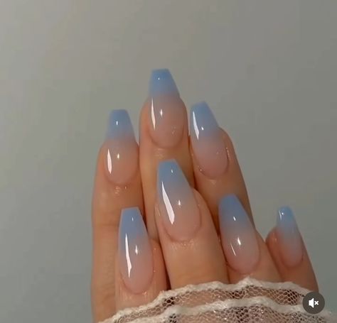 Ombre Nail Designs French Tip, Icy Blue Ombre Nails, Light Blue Glossy Nails, Ombre Milky White Nails, Blue Ombre Dip Nails, Light Blue Ombré Nails, Blue Ombre Nails Almond, Blue And White Ombré Nails, Blue French Nails Tips