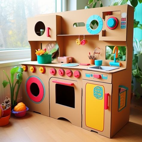 DIY Play Kitchens, cardboad crafts, cardboard kitchens, recycled crafts for kids Diy Kitchen Toy, Kitchen Cardboard, Play Kitchen Ideas, Diy Kardus, Kids Play Kitchen Accessories, Handmade Toys For Kids, Recycled Crafts For Kids, Crafts Cardboard, Cardboard Kitchen