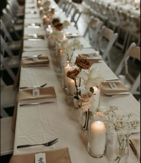 Simple Decor Wedding Reception, Cheesecloth Table Runner With Candles, Long Narrow Centerpiece Ideas, Wedding Table Settings No Flowers, Simple Wedding Flowers Centerpieces Reception Ideas, Candle Lit Table Wedding, Farmhouse Table Setting Wedding, Long Wedding Tables Simple, Minimal Wedding Centerpieces Long Table