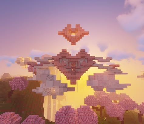 video game, build heart with sunset and clouds house in the shape of heart Minecraft Heart, Minecraft Cherry Blossom, Heart House, Bangunan Minecraft, Minecraft House Plans, Minecraft Farm, Mc Ideas, Easy Minecraft Houses, Minecraft House Tutorials