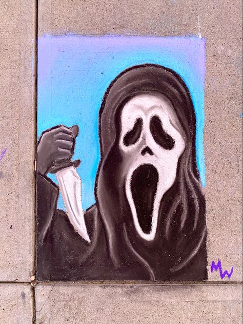 Pavement Chalk Art, Pavement Art, Halloween Sidewalk Chalk, Cute Chalk Art, Halloween Chalk Art, Sidewalk Chalk Art Ideas, Fun Chalk Art, Scream Ghostface, Chalk Ideas