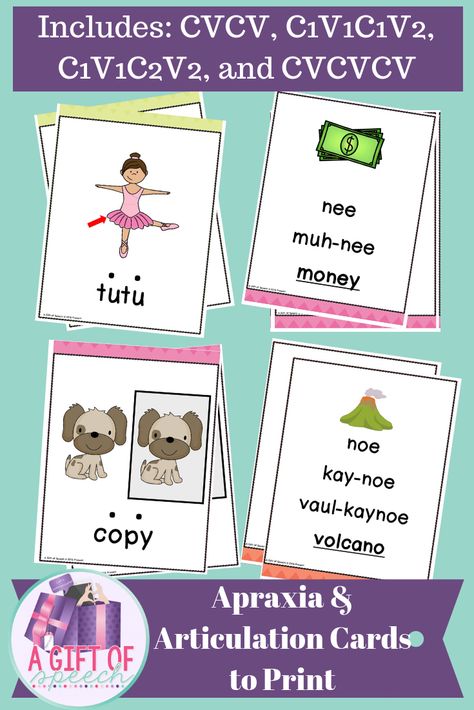 Our Apraxia & Articulation Cards includes print cards for practicing CVCV, CVCVCV, and CVCVCVCV words.These flashcards were designed to support your therapy plans for children with motor speech disorders such as Childhood Apraxia of Speech and articulation. Includes our prompting/cuing hierarchy for ways to support acquisition. Choose 7-10 words to target with the individual. Incorporate a “Motor Speech” approach using chosen targets. Apraxia Therapy, Apraxia Activities, Expressive Language Activities, Articulation Cards, Speech Disorders, Childhood Apraxia Of Speech, Speech Games, Early Intervention Speech Therapy, Apraxia Of Speech