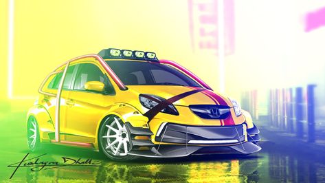 It is a Photoshop render, done by taking an existing image of Honda Brio and then a modified sketch for the add on details was made upon that. The image is the final render with all the details. Honda Brio, Photoshop Rendering, Wide Body Kits, Design Industrial, Roll Cage, Wide Body, Automotive Design, Body Kit, Industrial Design