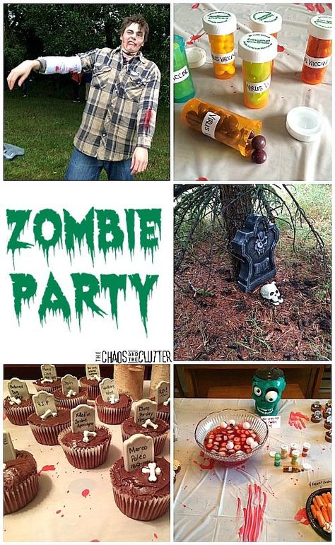 Zombie Party Ideas...decorations, games, food, and everything else you need to create the most epic Hallowe'en or birthday party ever! Zombies, Essen, Zombie Themed Food, Zombie Party Ideas, Zombie Party Food, Zombie Birthday Party Decorations, Zombie Party Decorations, Zombie Themed Party, Zombie Apocalypse Party