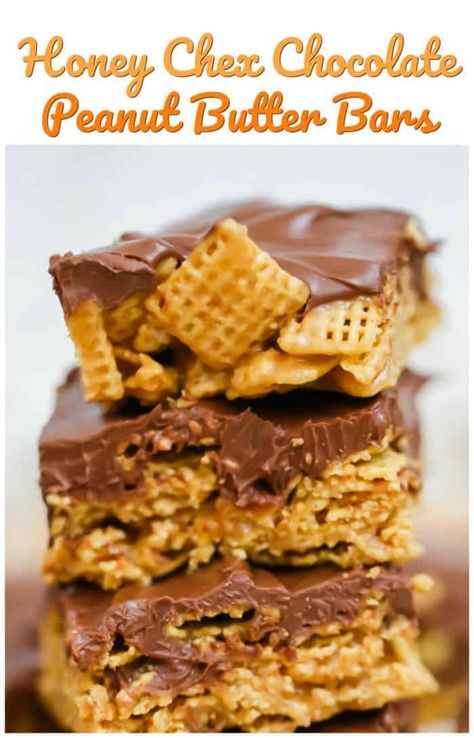 OMG Honey Chex Chocolate Peanut Butter Bars! These no bake OMG Honey Chex Chocolate Peanut Butter Bars are outrageously yummy sweet treats and easy to make!  They're delicious, crunchy bars made with a peanut butter and honey based layer and honey sweetened chex cereal, then it's topped with a rich milk chocolate peanut butter ganache.  #chocolate #bars #honey #chex #nobake #chexbars #peanutbutter #nobakebars #easy No Bake Cereal Treats, Things To Make With Chex Cereal, Chex Peanut Butter Bars, Chex Cereal Recipes Sweets, Peanut Butter Chex Bars, Cereal Squares, Chocolate Peanut Butter Ganache, Peanut Butter Ganache, Butter Ganache