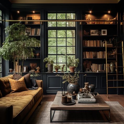 Black Library Room, British Colonial Library, Shed Library, Moody Library, Green Home Offices, Colonial Chic, Guest Bedroom Home Office, Library Rooms, Academia Room