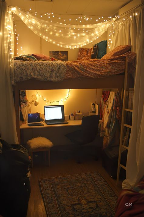 Minimalist dorm room ideas featuring a cozy loft bed, under-bed study space, fairy lights, room rug, and creative decor on a budget. Dorm Room Closet, Room Lights Decor, Dorm Room Layouts, Closet Room Organizer, College Dorm Room Inspiration, College Bedroom Apartment, Dream Dorm Room, Dream Dorm, Dorm Room Hacks