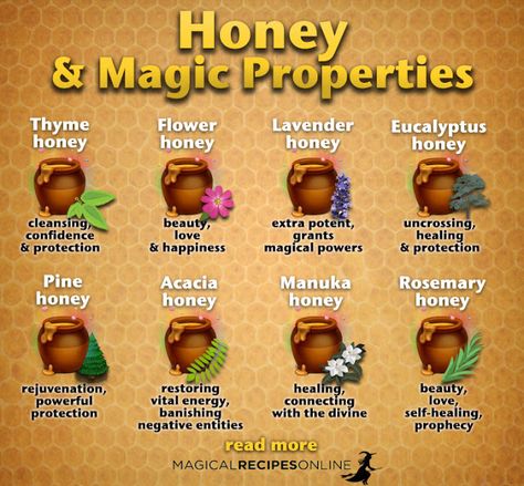 Honey Magical Properties, Spells, Rituals - Magical Recipes Online Kitchen Witch Recipes, Hoodoo Spells, Magickal Herbs, Jar Spells, Spell Jars, Lavender Honey, Magic Herbs, Kitchen Witchery, Magical Herbs